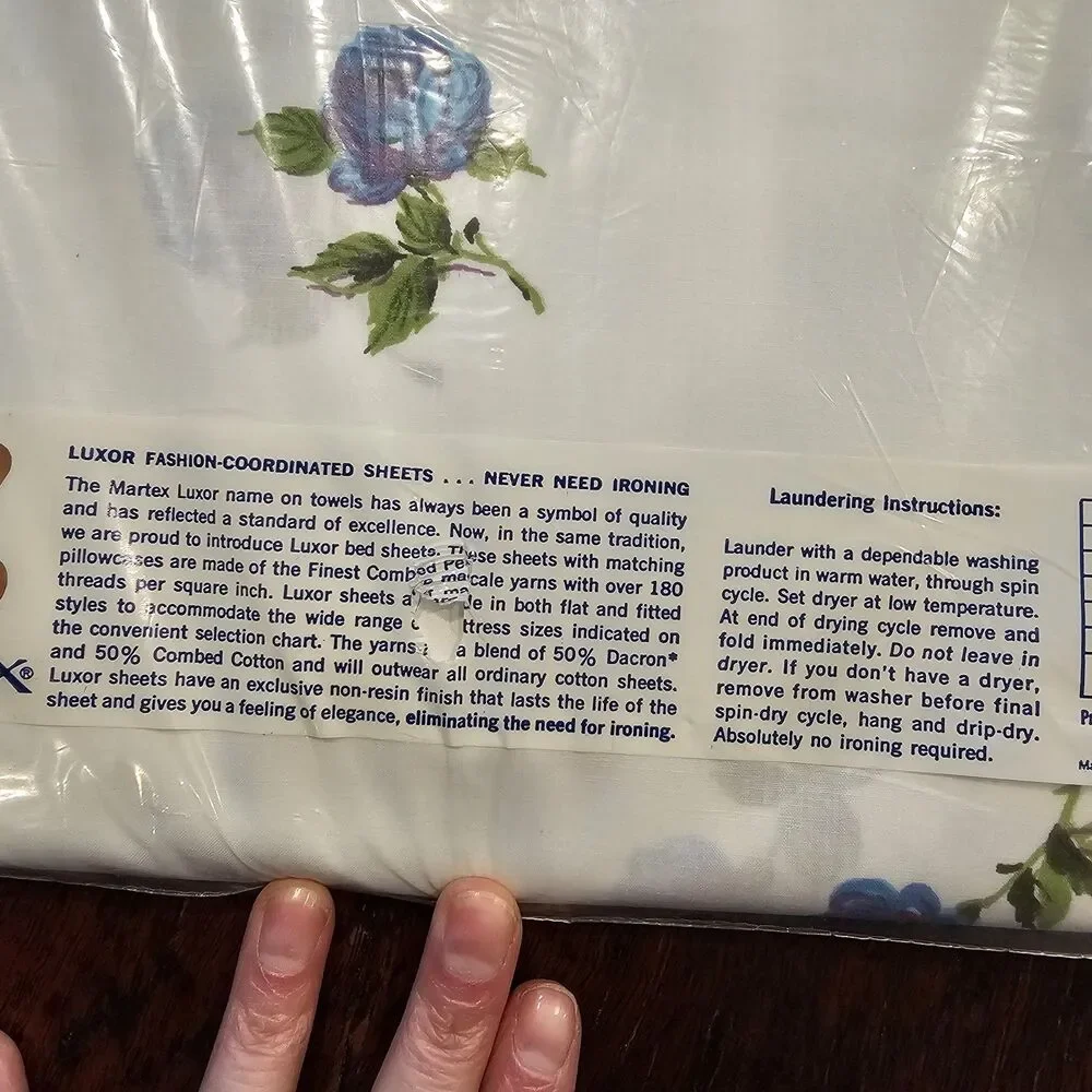 MARTEX Luxor blue rose vintage twin flat fitted sheet set floral percale NOS